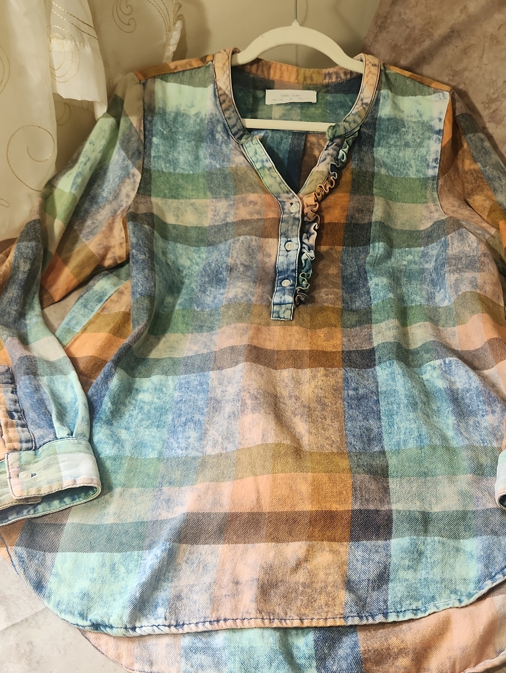 Isabelle Sinclair Plaid Button-Front Blouse in Blue & Green Distress/Faded Color